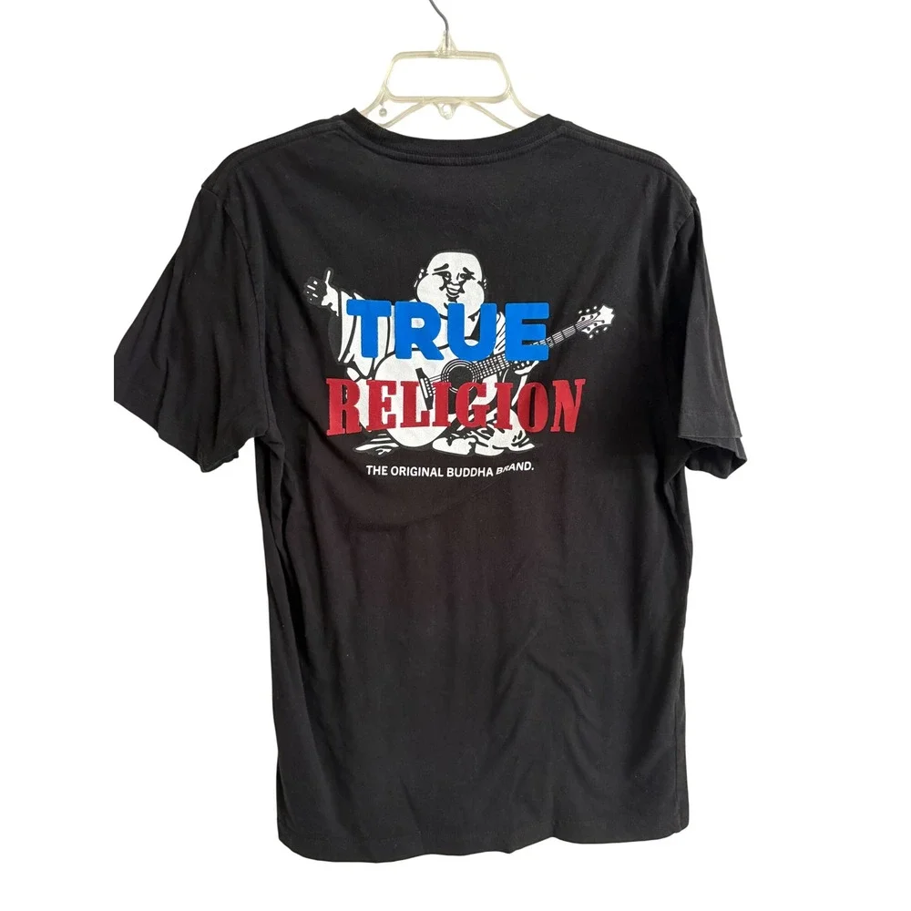 True Religion Mens Graphic T-Shirt Black Buddha Logo Short Sleeve Tee Medium